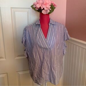 Denim Blue and White Striped V-Neck Blouse with Cap Sleeve size 10